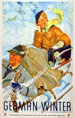 Affiche publicitaire originale vintage de voyage allemande d'hiver des années 1930