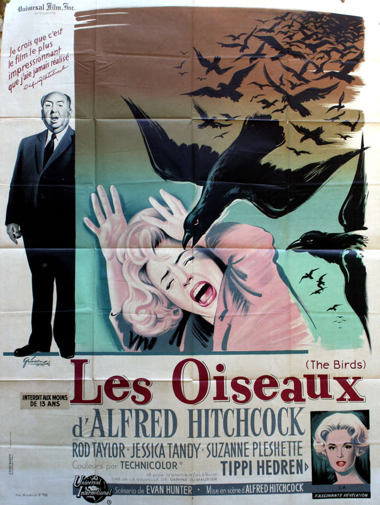 Boris Grinsson Print - Large original vintage Alfred Hitchcock movie poster for The Birds / Les Oiseaux