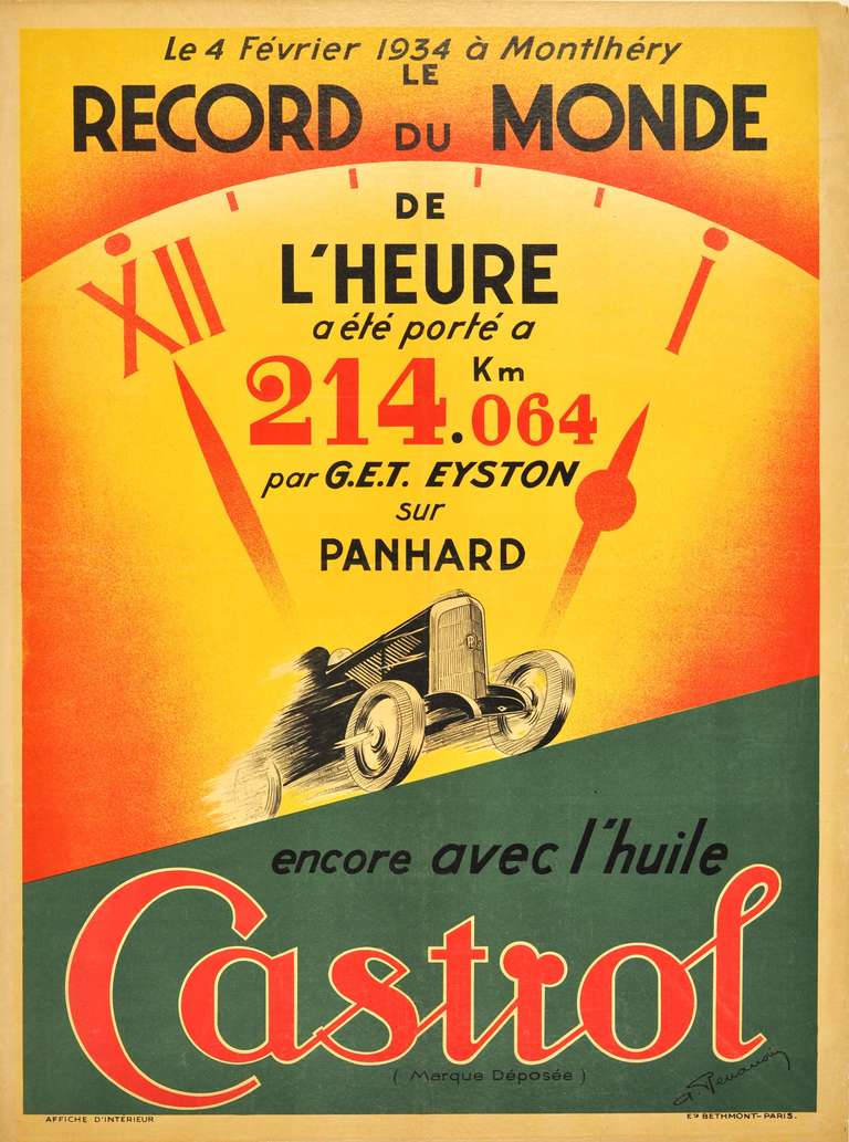Unknown Print - Original Art Deco Castrol world record racing car poster: George Eyston, Panhard