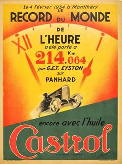Vintage Original Art Deco Castrol world record racing car poster: George Eyston, Panhard