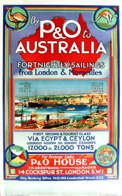Original Cruise Advertising Poster: By P&O To Australia From London & Marseilles