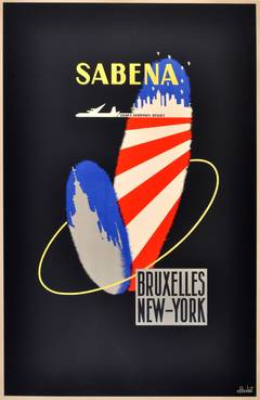 Original Mid-Century Modern Travel Poster For Sabena, Brussels To New York