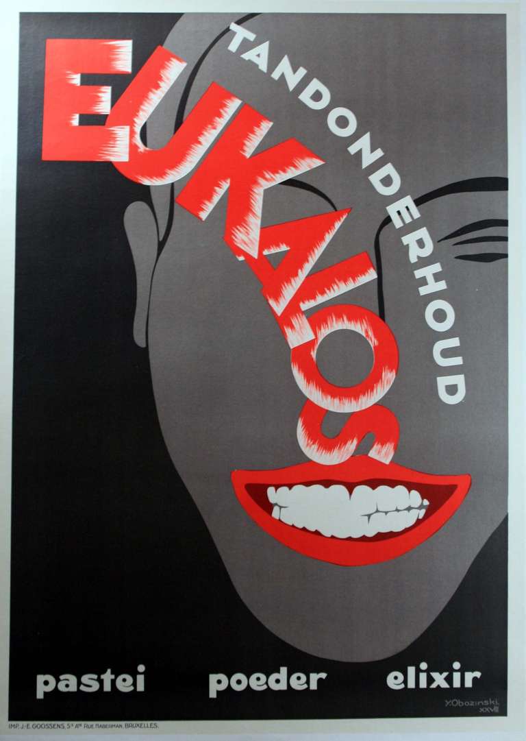 Y. Obozinski Print - Original vintage 1928 Art Deco dental care advertising poster for Eukalos