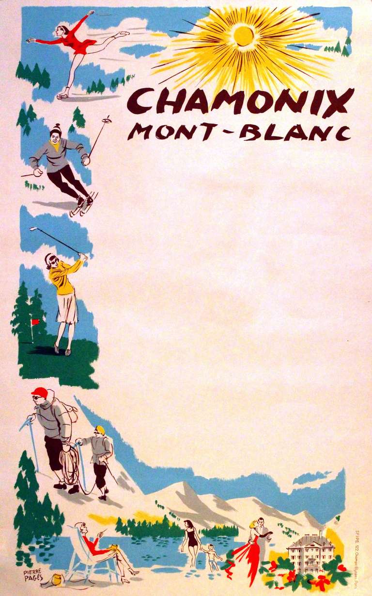 Pierre Pages Print - Original vintage mid century poster for Chamonix Mont Blanc (skiing, golf etc.)