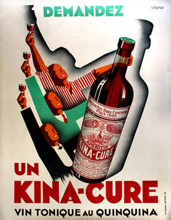 Large Original 1930s Art Deco Advertising Poster For Kina-Cure Aperitif Wine