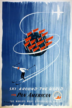 Vintage Original Pan Am World Ski Club Poster - Ski Around The World Via Pan American