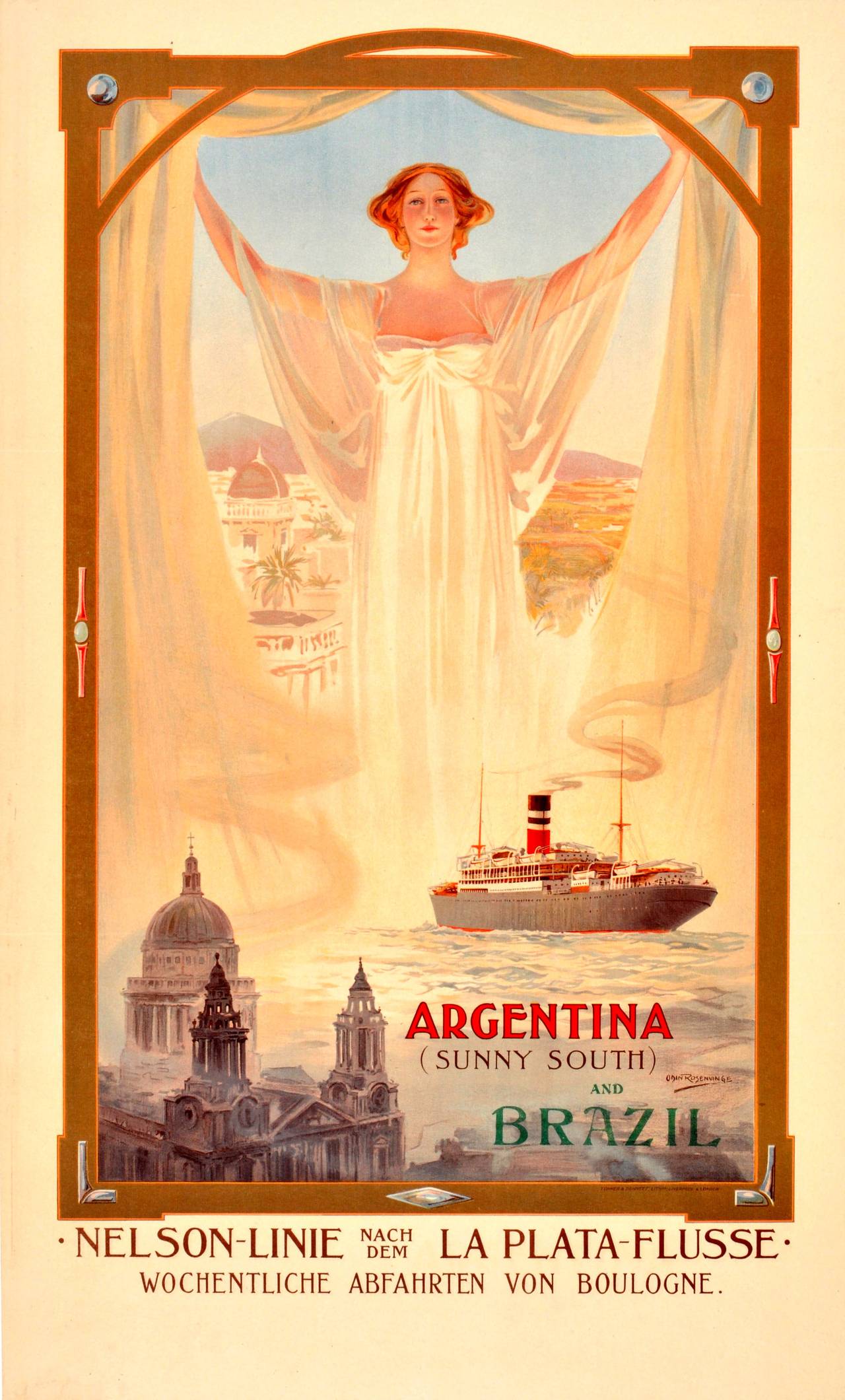 Odin Rosenvinge Print - Original Early 1900s Art Nouveau Poster: Nelson Line Cruises, Argentina & Brazil