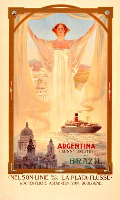 Vintage Original Early 1900s Art Nouveau Poster: Nelson Line Cruises, Argentina & Brazil