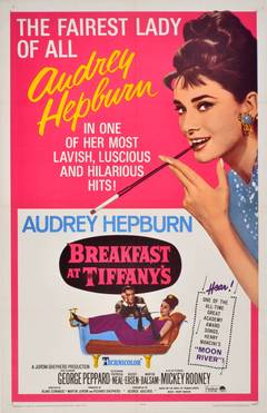 Vintage Original 1965 Movie Poster For Breakfast At Tiffany's, Starring Audrey Hepburn