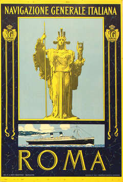 Original Vintage Art Nouveau Travel Poster Advertising Roma Cruise Ship Liner