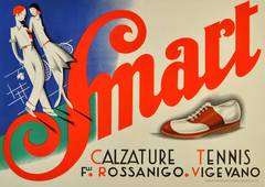Original Vintage Art Deco Advertising Poster For Smart Calzature Tennis Shoes