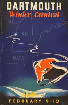 Original vintage skiing poster for the Dartmouth Winter Carnival, New Hampshire