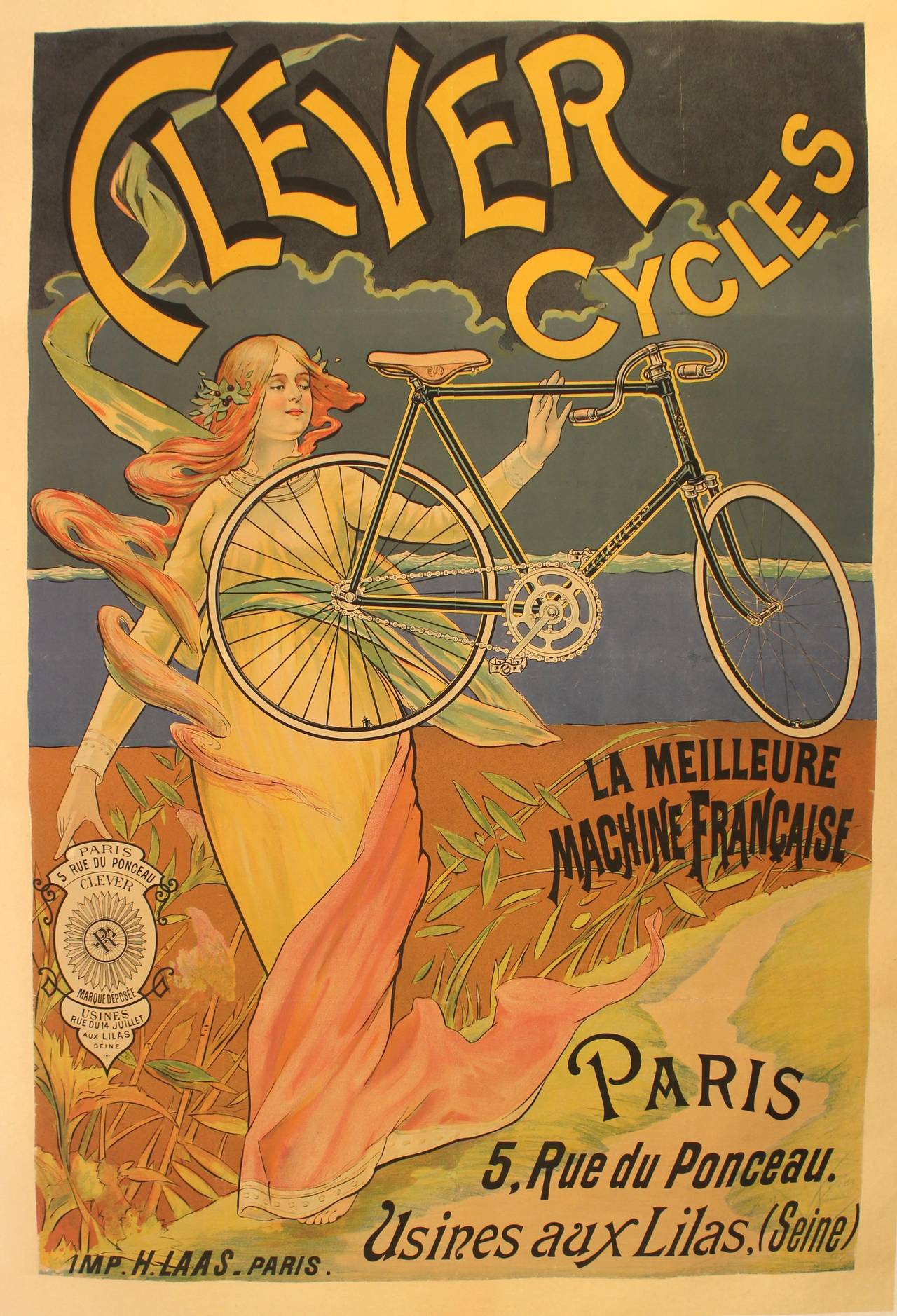 Unknown Print - Original French Antique Art Nouveau Bicycle Advertising Poster For Clever Cycles