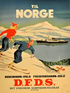 Original Vintage Poster Advertising Skiing In Norway By DFDS Ferry From Denmark