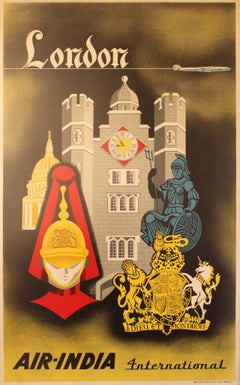 Affiche publicitaire originale de voyage vintage pour Londres par Air India International