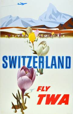 Original Vintage Travel Advertising Poster By David Klein - Switzerland Fly TWA