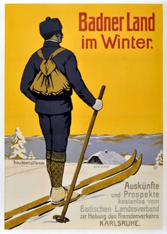 Rare early original antique skiing poster promoting Winter in Baden land Germany
