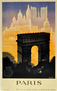 Paris : affiche de voyage vintage originale Art déco des années 1930 par Robert Falcucci