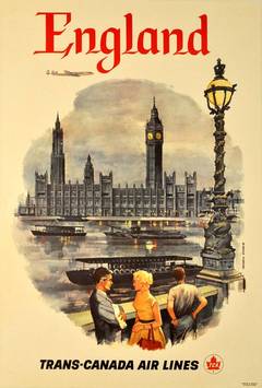 Affiche publicitaire originale de voyage vintage d'Angleterre par Trans-Canada Airlines