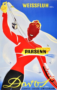Original Vintage 1938 Ski Resort Poster By Martin Peikert For Davos Switzerland