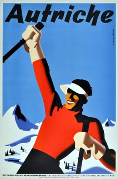 atelier binder Original Vintage Winter Sport Skiing Poster For Autriche Austria Skier Mountains
