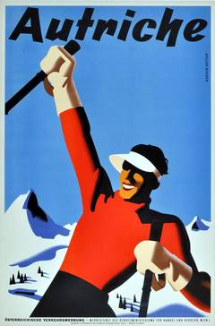 Original Vintage 1930s Skiing Poster For Autriche / Austria