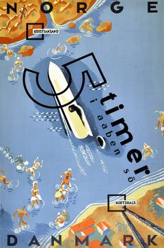 Original Vintage Art Deco poster advertising a Norway-Denmark ferry service