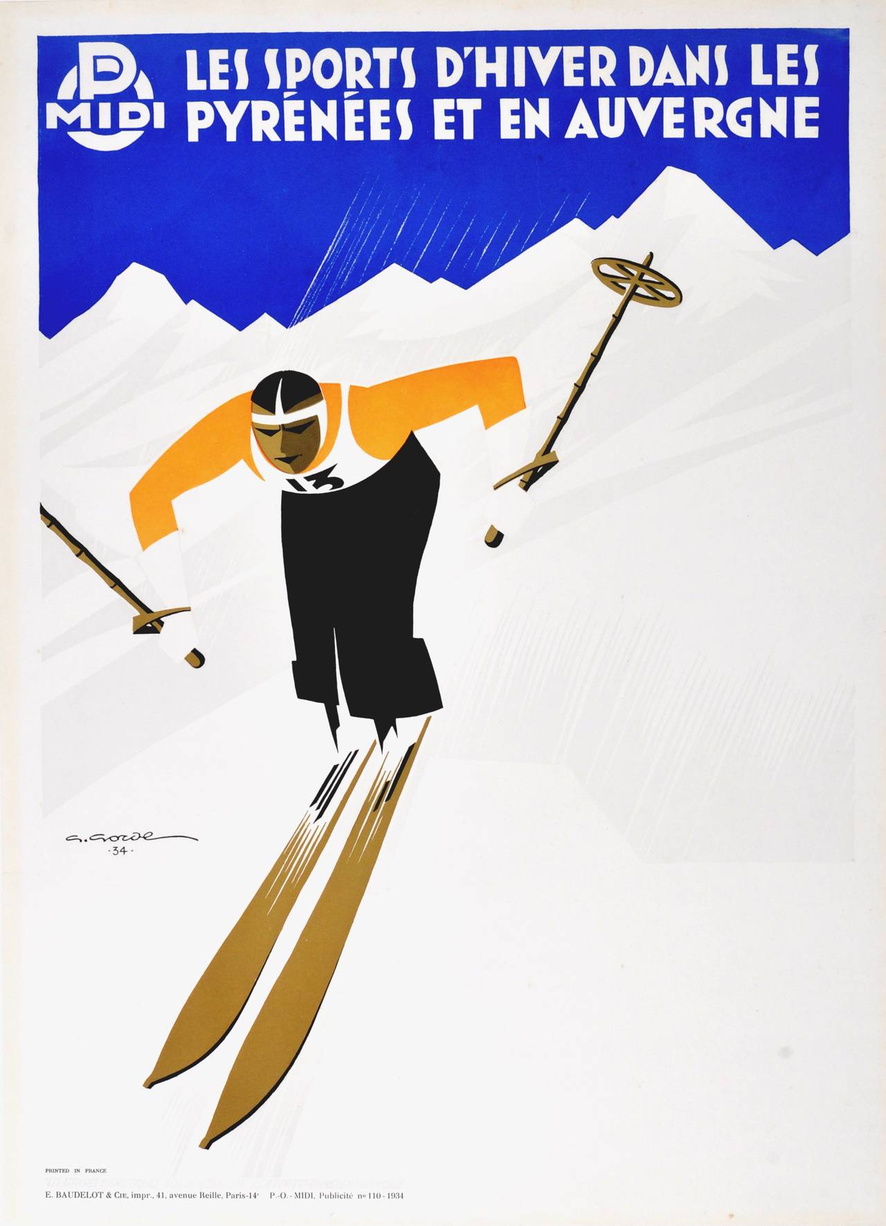 G Gorde Print - Original Vintage Art Deco Ski Poster - Winter Sport In The Pyrenees And Auvergne