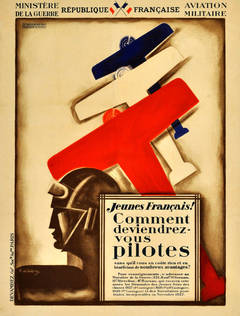 Original Vintage Art Deco French pilots recruitment poster, Ministry of War