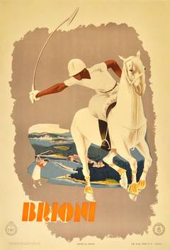 Original Vintage poster for Brioni, Italy, featuring polo and golf on the coast
