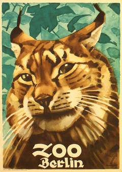 Affiche originale vintage des années 1930 pour le zoo de Berlin avec un lynx de Ludwig Hohlwein