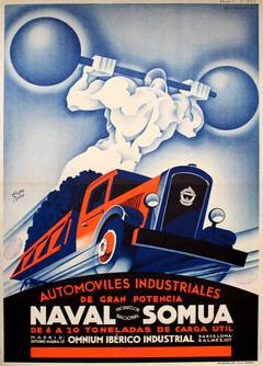 Original Vintage Art Deco Advertising Poster For Naval Somua - Madrid Barcelona