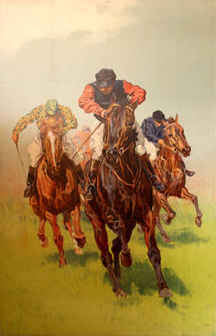 Original Antique Horse Racing Poster Featuring A Group Of Jockeys In A Race