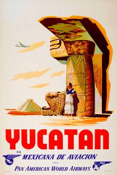 Original Retro Travel Poster For Yucatan Via Mexicana De Aviacion - Pan Am