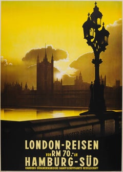Rare Original 1930s Travel Advertising Poster: Westminster Bridge View, London