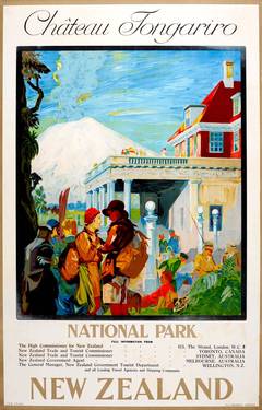 Antique Original 1920s Travel Poster For Chateau Tongariro - National Park - New Zealand