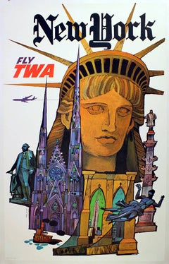 Original Vintage Travel Poster By David Klein New York Fly TWA Statue Of Liberty