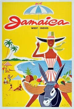 Bright original vintage travel advertising poster for Jamaica, West Indies