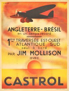 Original Vintage 1933 Art Deco poster: Jim Mollison, England to Brazil, Castrol