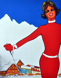 French Skier Girl - large and bright original Vintage 1950s skiing poster
