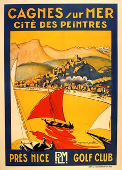 Original Antique poster for Cagnes sur Mer (Cote d'Azur) featuring sailing boats