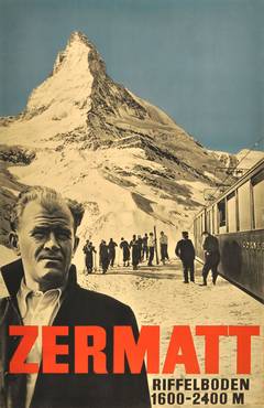 Original vintage 1934 ski poster for Zermatt, Switzerland, featuring Otto Furrer