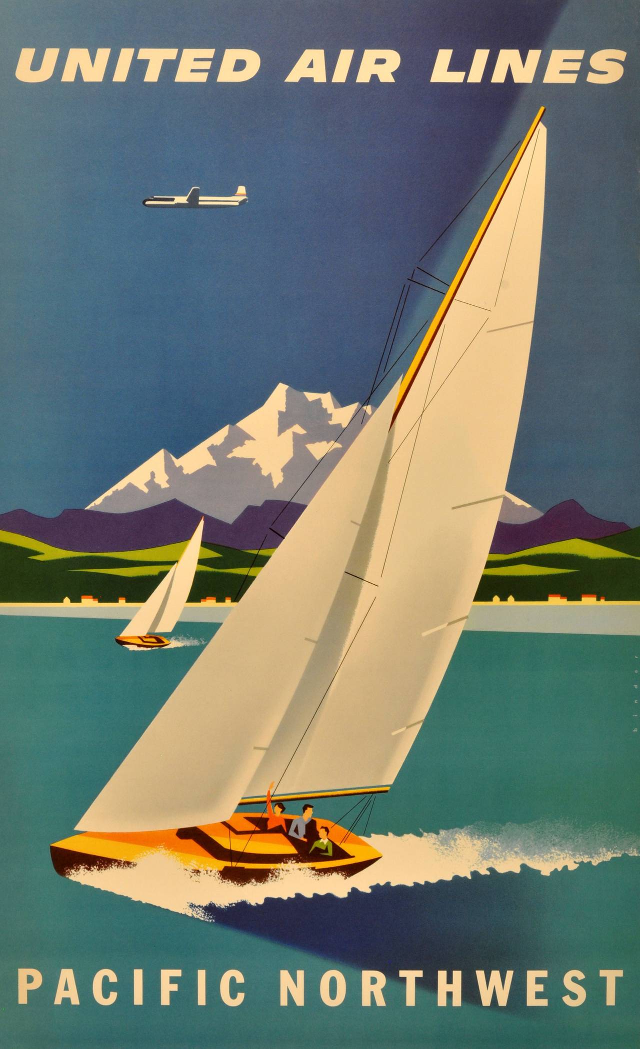 Joseph Binder Print - Original vintage travel advertising poster for United Airlines Pacific Northwest