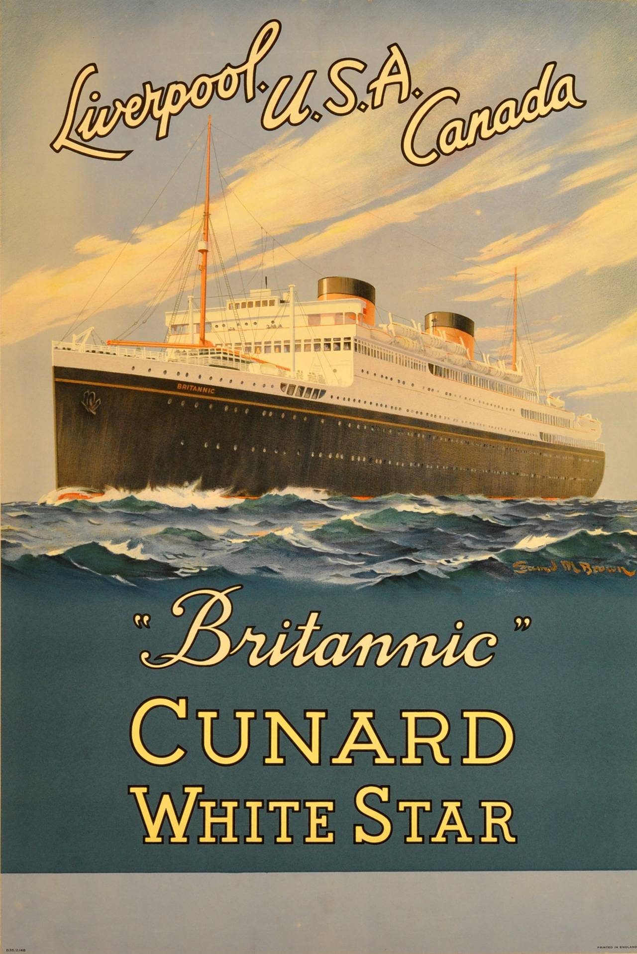 Samuel M Brown Print - Original vintage cruise ship poster - Britannic - Cunard White Star ocean liner