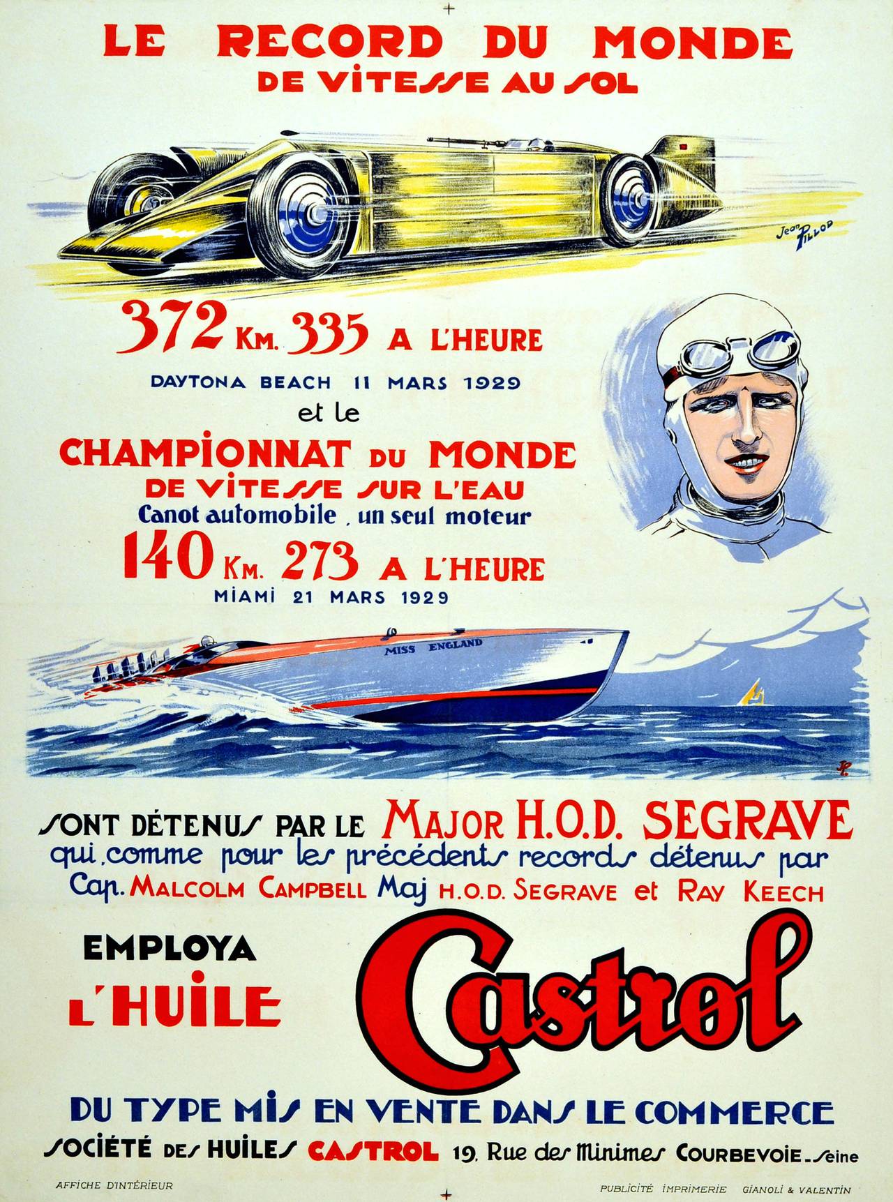 Jean Pillod Print - Original vintage poster issued by Castrol featuring Segrave's 1929 speed records