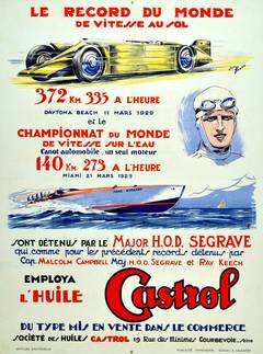 Original vintage poster issued by Castrol featuring Segrave's 1929 speed records