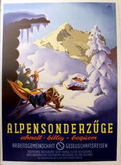 Original Vintage 1930s Ski Poster For The Alpensonderzuge Special Alps Train