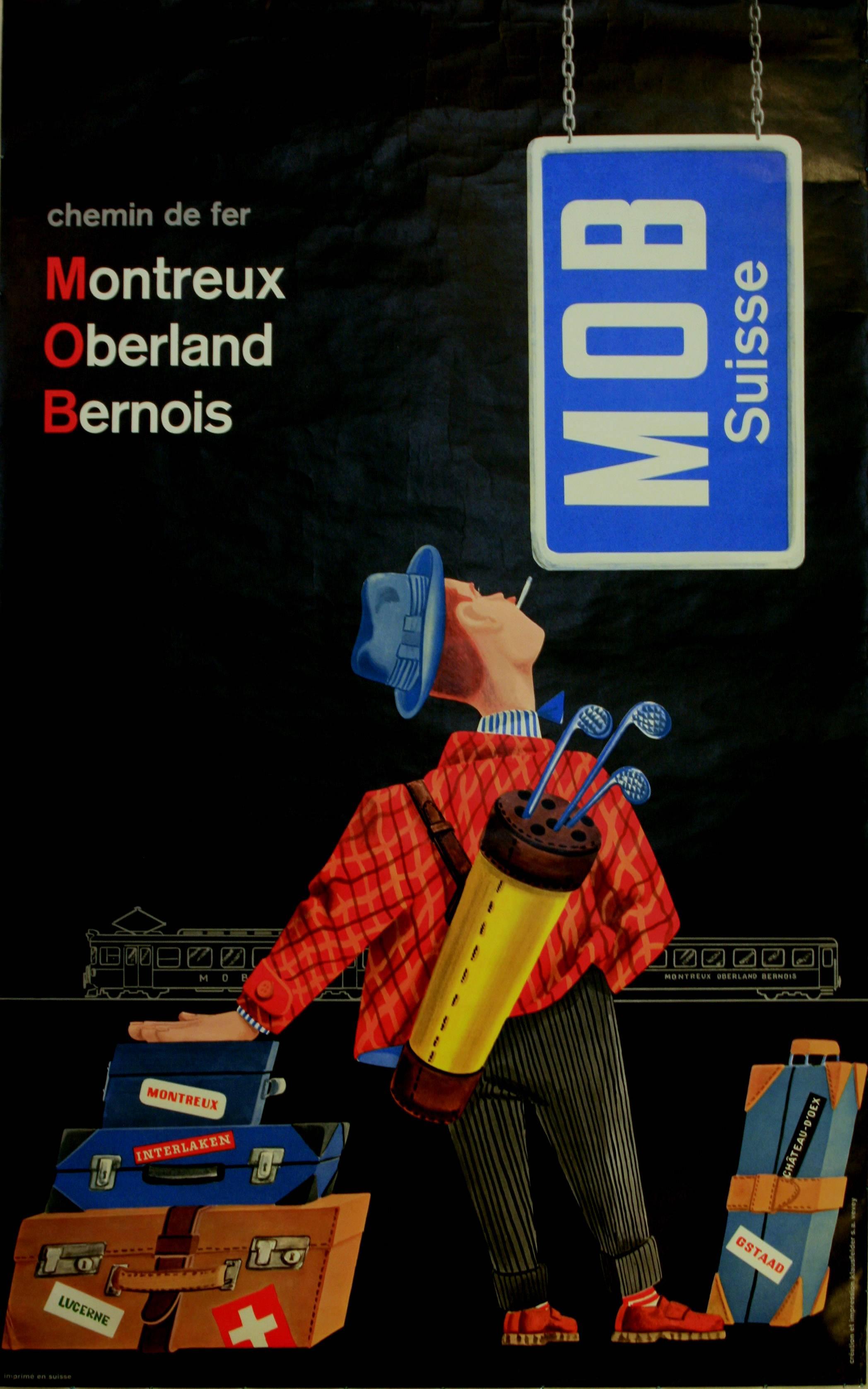 Klaus Felder Print - Original Vintage Montreux Oberland Bernois MOB Railway Poster Featuring A Golfer