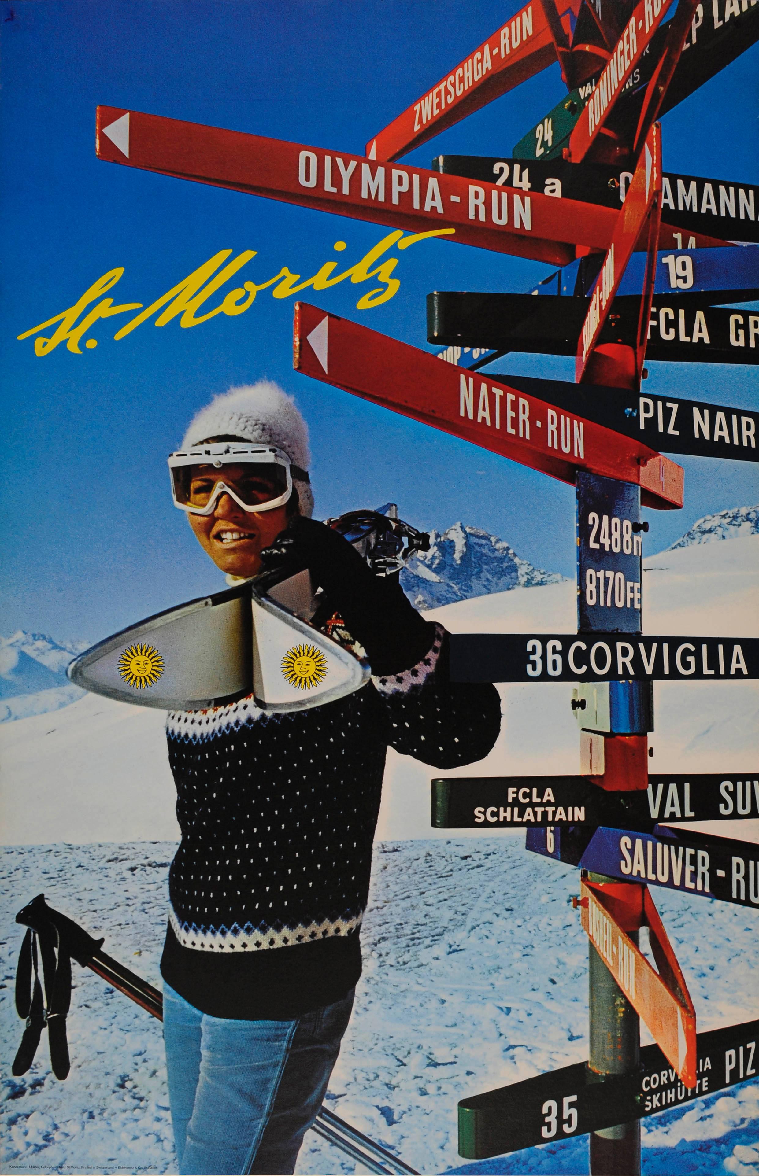 Nater Hans Print - Original Vintage 1970 Skiing Poster For St Moritz Switzerland Featuring A Skier