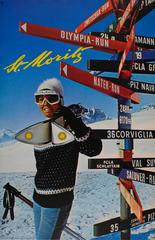 Original Vintage 1970 Skiing Poster For St Moritz Switzerland Featuring A Skier